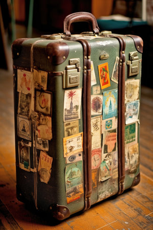 old suitcase with vintage travel stickers, created with generative aiの素材