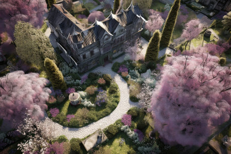 aerial view of monastery gardens in bloom, created with generative aiの素材