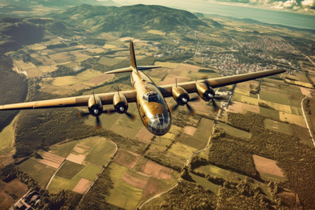aerial view of vintage airplane flying over countryside, created with generative aiの素材