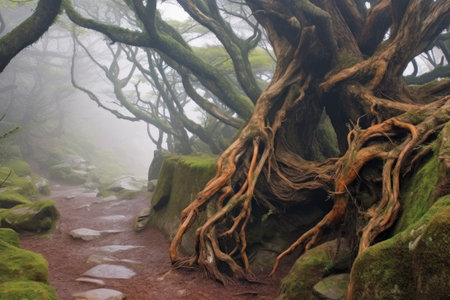 misty mountain path with twisted tree roots, created with generative aiの素材