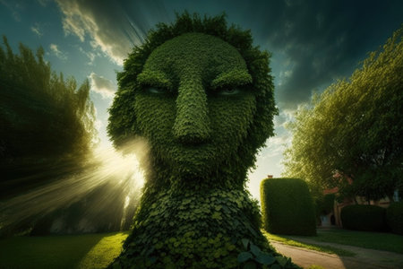 topiary of sun, with rays and face peeking through the leaves, created with generative aiの素材