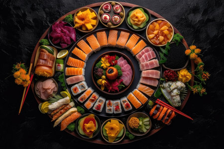 overhead view of colorful sushi platter on dark table, created with generative aiの素材