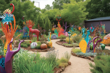 sculptural garden, featuring whimsical and colorful sculptures, created with generative aiの素材