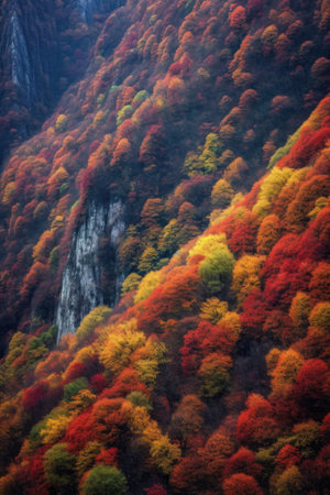 colorful autumn foliage covering a mountain slope, created with generative aiの素材