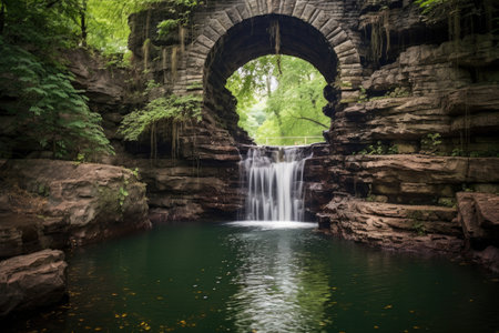 waterfall framed by a natural stone archway, created with generative aiの素材