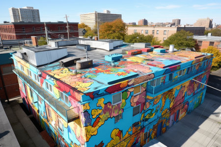 vibrant rooftop graffiti art on urban buildings, created with generative aiの素材