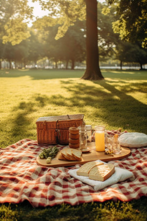 a picnic setup on a checkered blanket in a sunny park, created with generative aiの素材