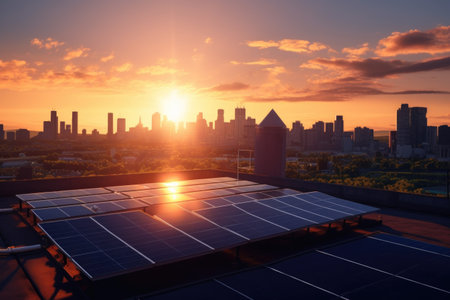 solar panels on a rooftop with cityscape in the background, created with generative aiの素材