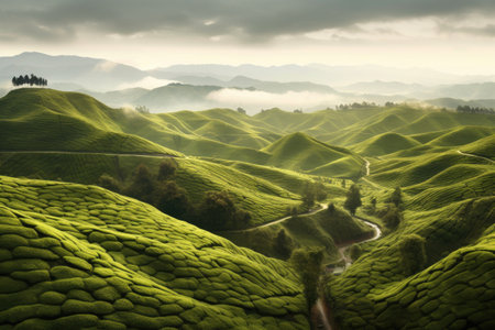 rolling tea hills under cloudy skies, created with generative aiの素材