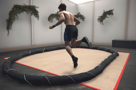 person, running through obstacle course in virtual reality simulation, with the objective of reaching finish line, created with generative aiの素材