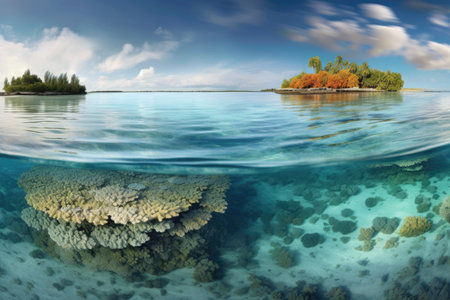 panoramic view of a secluded atoll ringed by coral reefs, created with generative aiの素材
