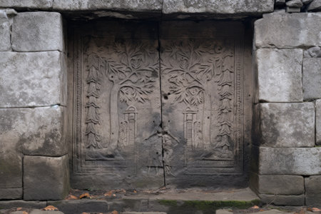 ancient stone door with engraved nature patterns, created with generative aiの素材