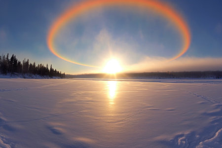 vivid sun dogs reflecting on frozen arctic lake surface, created with generative aiの素材