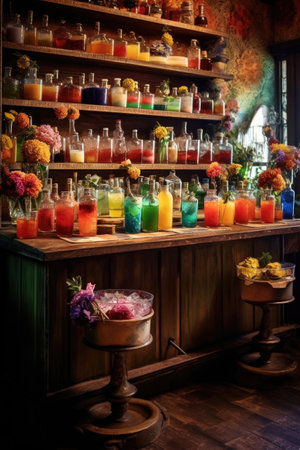 variety of colorful cocktails on a bar counter, created with generative aiの素材