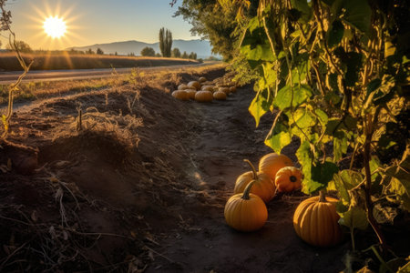 sunlight casting shadows on pumpkins in a patch at golden hour, created with generative aiの素材