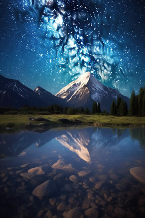 milky way galaxy over a serene mountain landscape, created with generative aiの素材