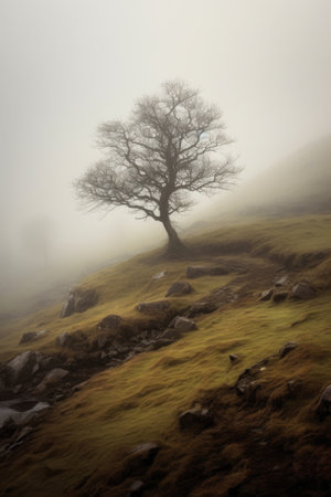 isolated tree in a misty, mysterious landscape, created with generative aiの素材