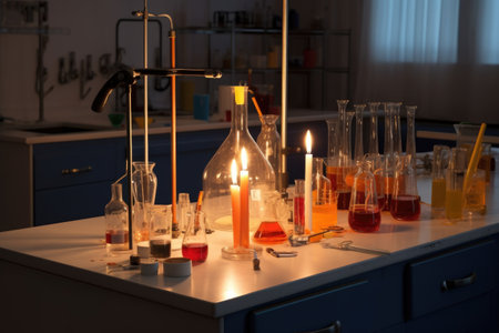science lab with bunsen burner, test tubes, and other equipment for chemical experiments, created with generative aiの素材