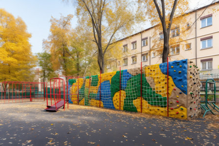 school playground with climbing wall and ropes, offering challenging and fun activities for children, created with generative aiの素材