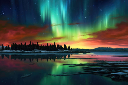 a breathtaking panoramic view of the northern lights, created with generative aiの素材