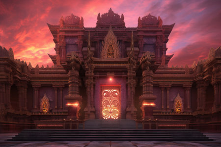 sunrise illuminating temple facade, created with generative aiの素材
