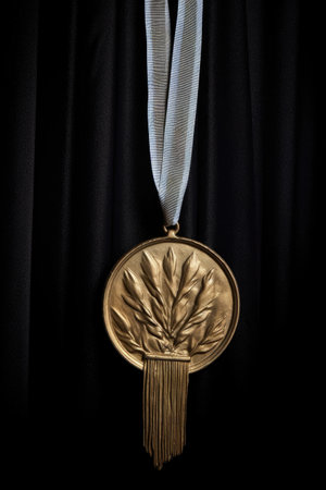 a gold medal hanging against a dark background, created with generative aiの素材