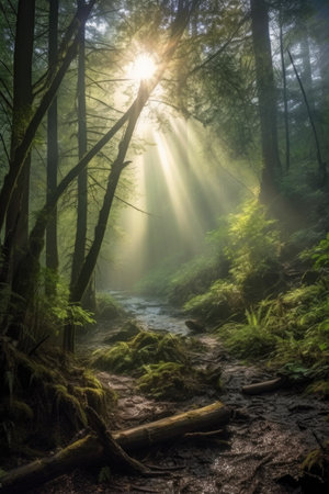 foggy forest scene with sunbeams breaking through, created with generative aiの素材