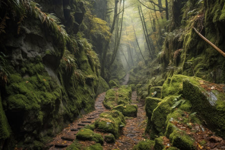 mountain path disappearing into a mysterious forest, created with generative aiの素材