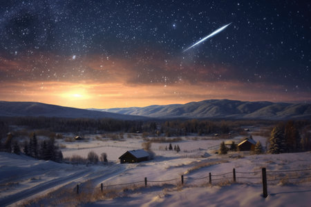 meteor shower above a snow-covered landscape, created with generative aiの素材