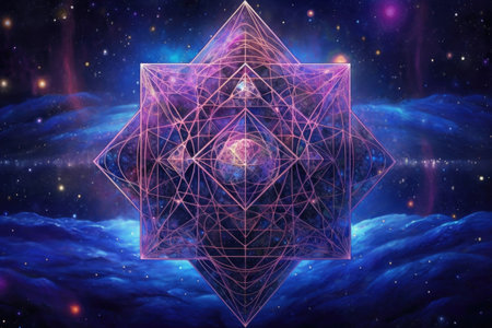 metatrons cube on a cosmic starry background, created with generative aiの素材