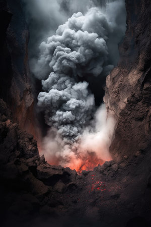 dark smoke escaping from a volcanic crater, dramatic scene, created with generative aiの素材