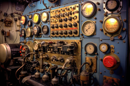 close-up of submarine control panel with buttons and switches, created with generative aiの素材