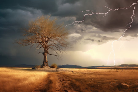 dramatic lightning bolt striking a lone tree, created with generative aiの素材