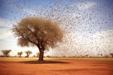 locust swarm approaching an isolated tree, created with generative aiの素材