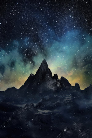 dramatic mountain range silhouette against a starry night sky, created with generative aiの素材