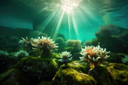 sea anemones illuminated by sun rays underwater, created with generative aiの素材