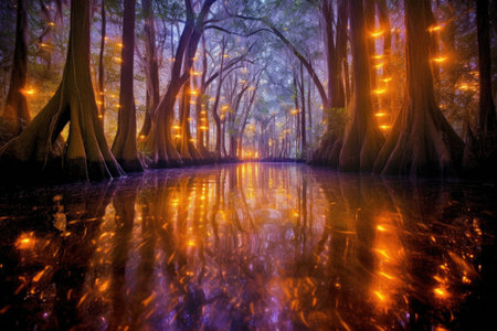 magical reflections of firefly lights on swamp water, created with generative aiの素材