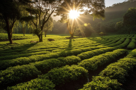 sunlight filtering through tea plantation rows, created with generative aiの素材