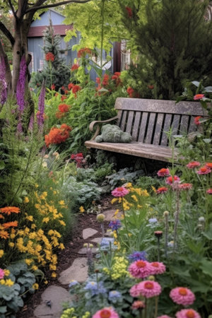 serene garden with a bench and colorful flowers, created with generative aiの素材
