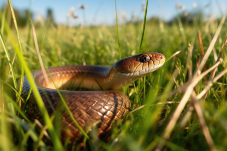slow worm camouflaged in grassy meadow, created with generative aiの素材