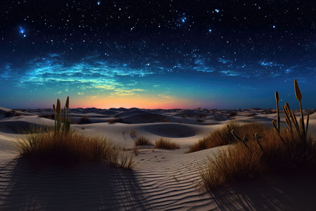 starry sky panorama over sand dunes and desert plants, created with generative aiの素材
