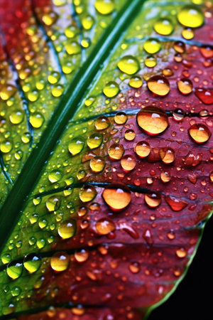 water droplets on a vibrant leaf surface, created with generative aiの素材