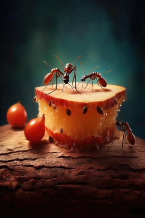 ants working together to carry food, created with generative aiの素材