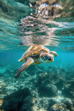 close-up of a sea turtle swimming in crystal-clear water, created with generative aiの素材