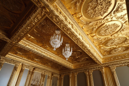 luxurious gold leaf pattern on a classical ceiling design, created with generative aiの素材