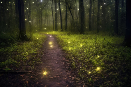 long exposure of fireflies trails in swamp area, created with generative aiの素材
