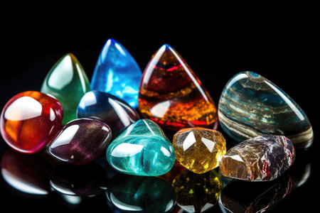 close-up of various colorful gemstones on black background, created with generative aiの素材