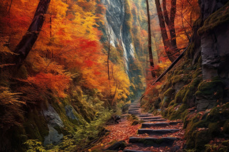 steep mountain path through vibrant autumn forest, created with generative aiの素材