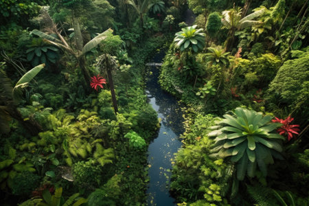 top-down shot of a lush tropical rainforest, created with generative aiの素材
