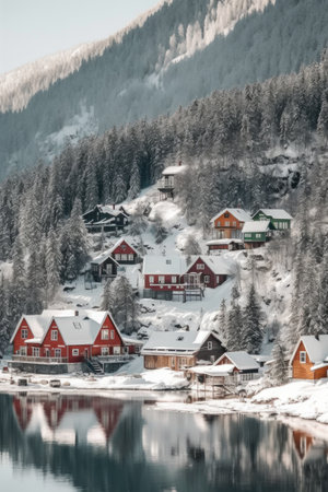 snowy ski resort with cozy cabins, created with generative aiの素材